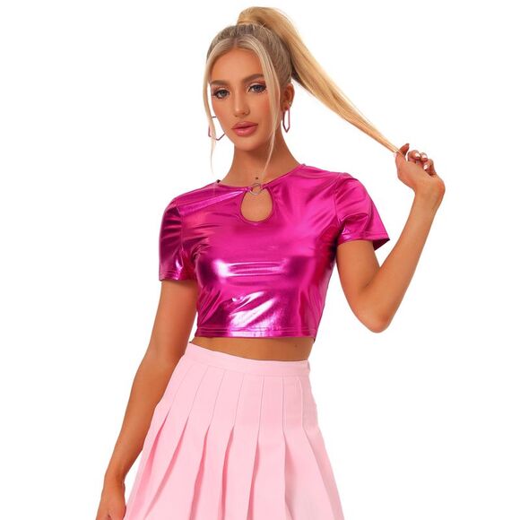 Metallic Crop Tops Keyhole Short Sleeve Party Shiny Holographic Top Rose Red - Picture 1 of 5